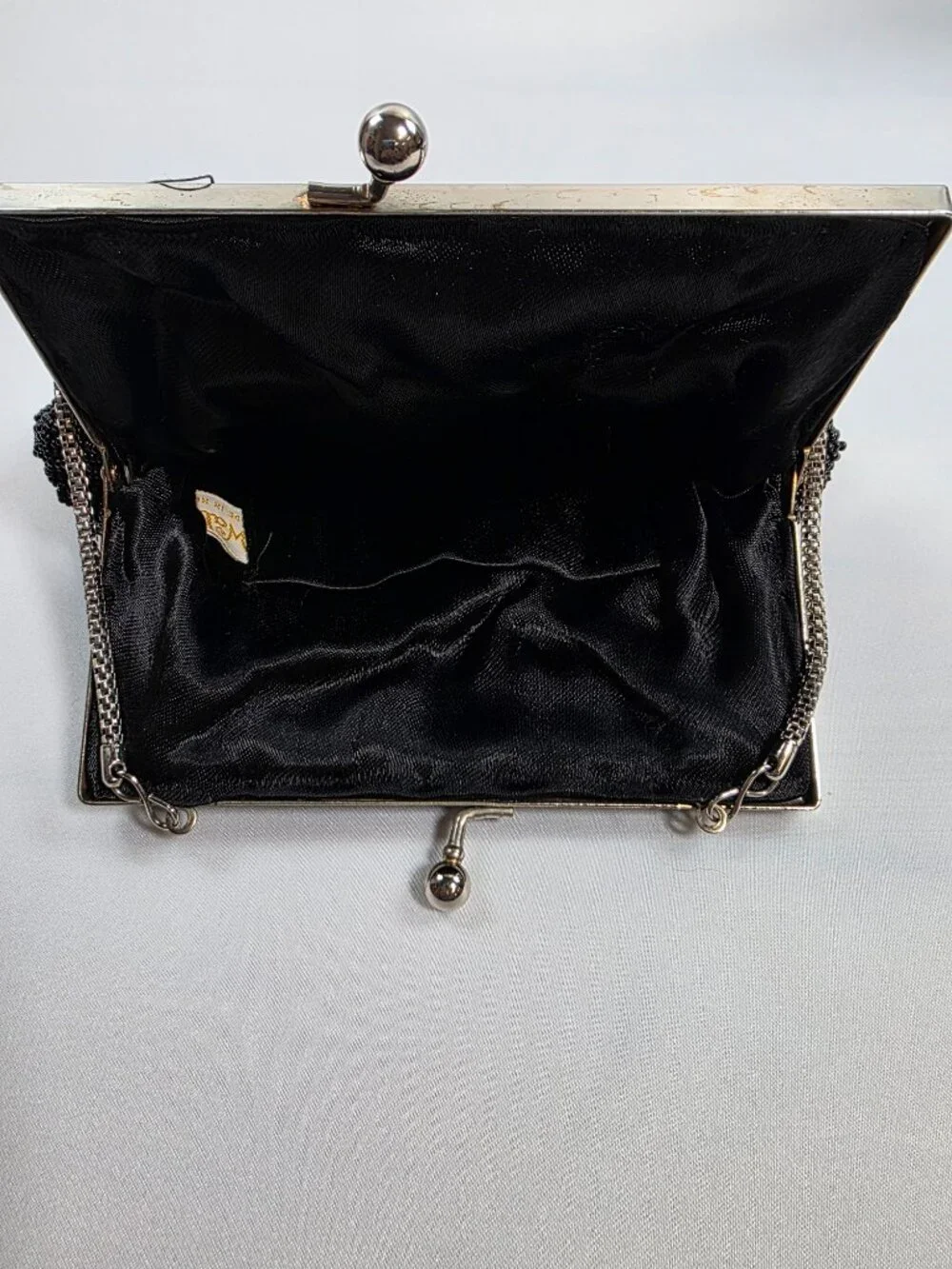 Vintage Walborg Hong Kong Black Beaded Fan Clasp Evening Bag Flapper Art Deco